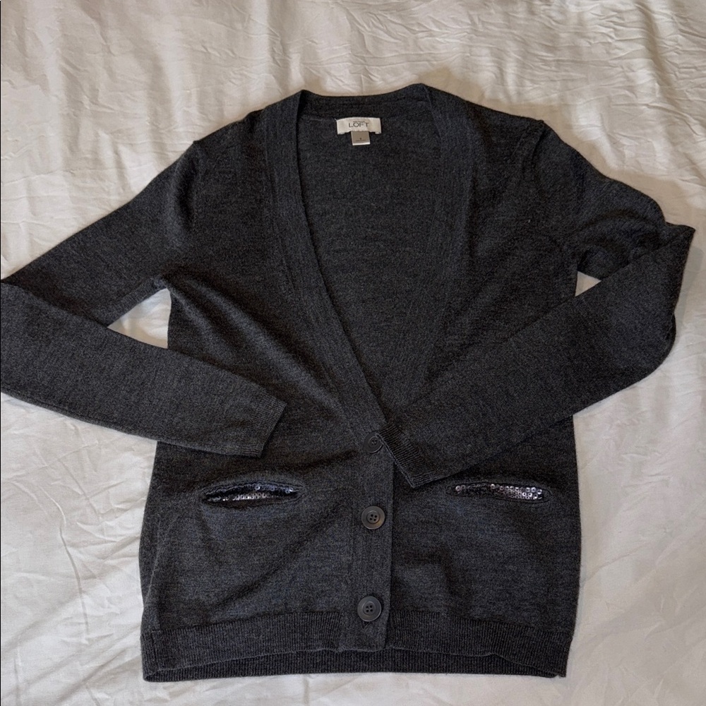 Women’s Merino Wool Blend Sequin Trim Open Front Cardigan – Grays